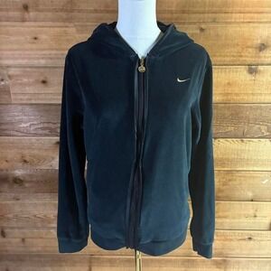 Y2K Women's Black Nike velour zip-up hoodie with silk on hood